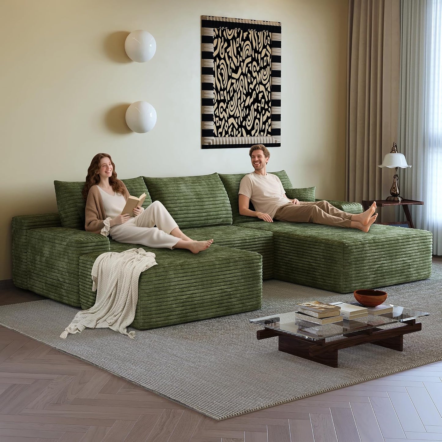 108" Sectional Couches for Living Room Modern Modular Sofa with L-Shape Couchs Upholstered Boneless Couch Deep Seat Sectional Couch with Chaise (Green, Right Facing Chaise+2Seaters+1Ottoman)