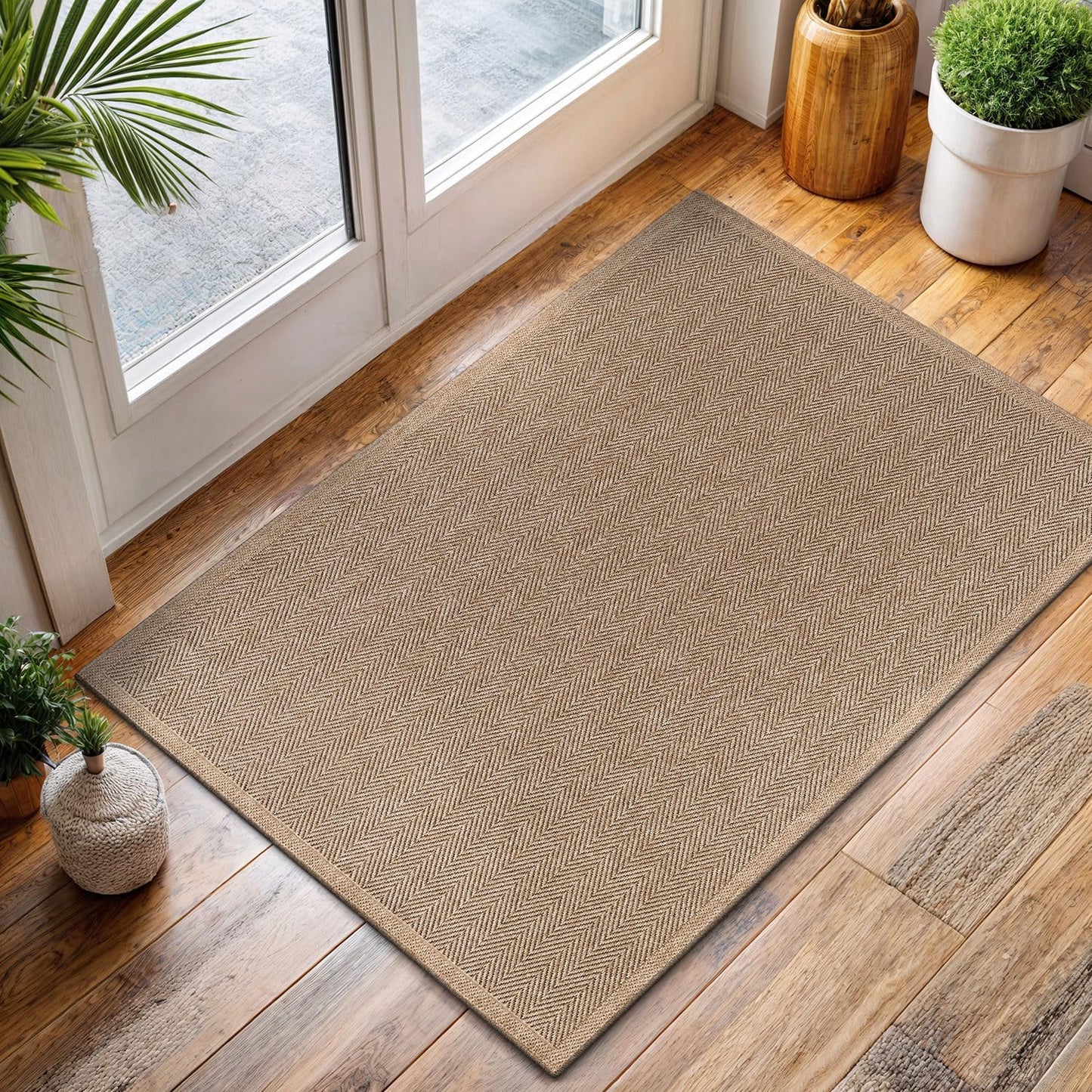 CAMILSON Easy Jute Rug 2x3, Indoor Outdoor Natural Color Fiber Area Rugs for Bathroom and Kitchen Rug, Herringbone Seagrass Boho Woven Design, Easy-Cleaning, Washable Outside Carpet Alfombras (2 x 3)