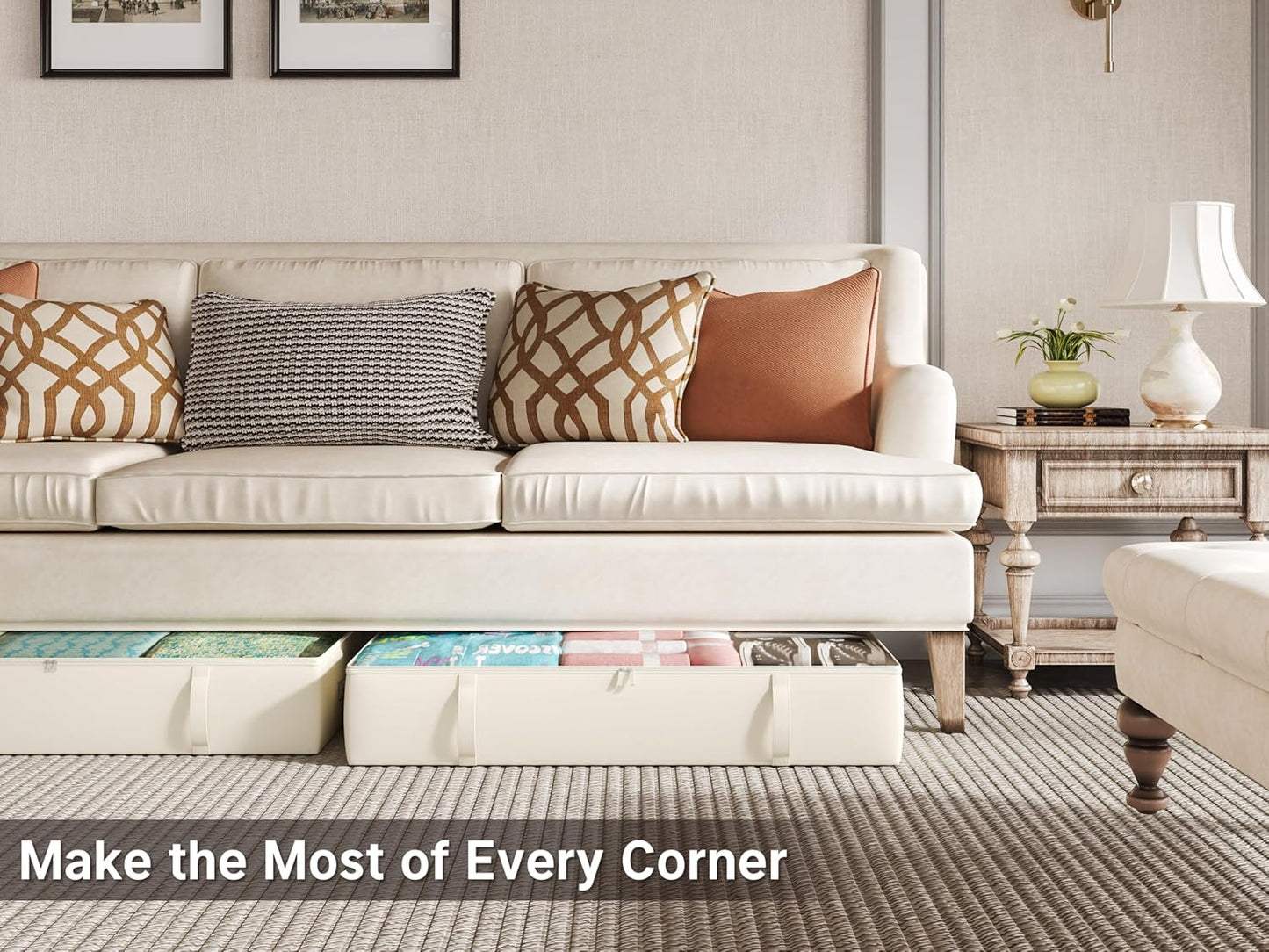 2-Pack Under Bed Storage Containers, 8 Inches Tall Underbed Clothes Storage Organizer Bin with Sturdy Sidewalls/Bottom, Under the Bed Storage Bags 2 Storage Bins, Beige