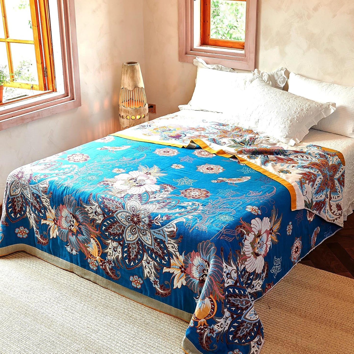 Boho Throw Blanket, 100% Organic Cotton Breathable Ultra Soft Bed Quilt Throw - All Season Floral Bird Butterfly Farmhouse Decor Blanket for Sofa Couch Chair and Gift. 60" x 80"