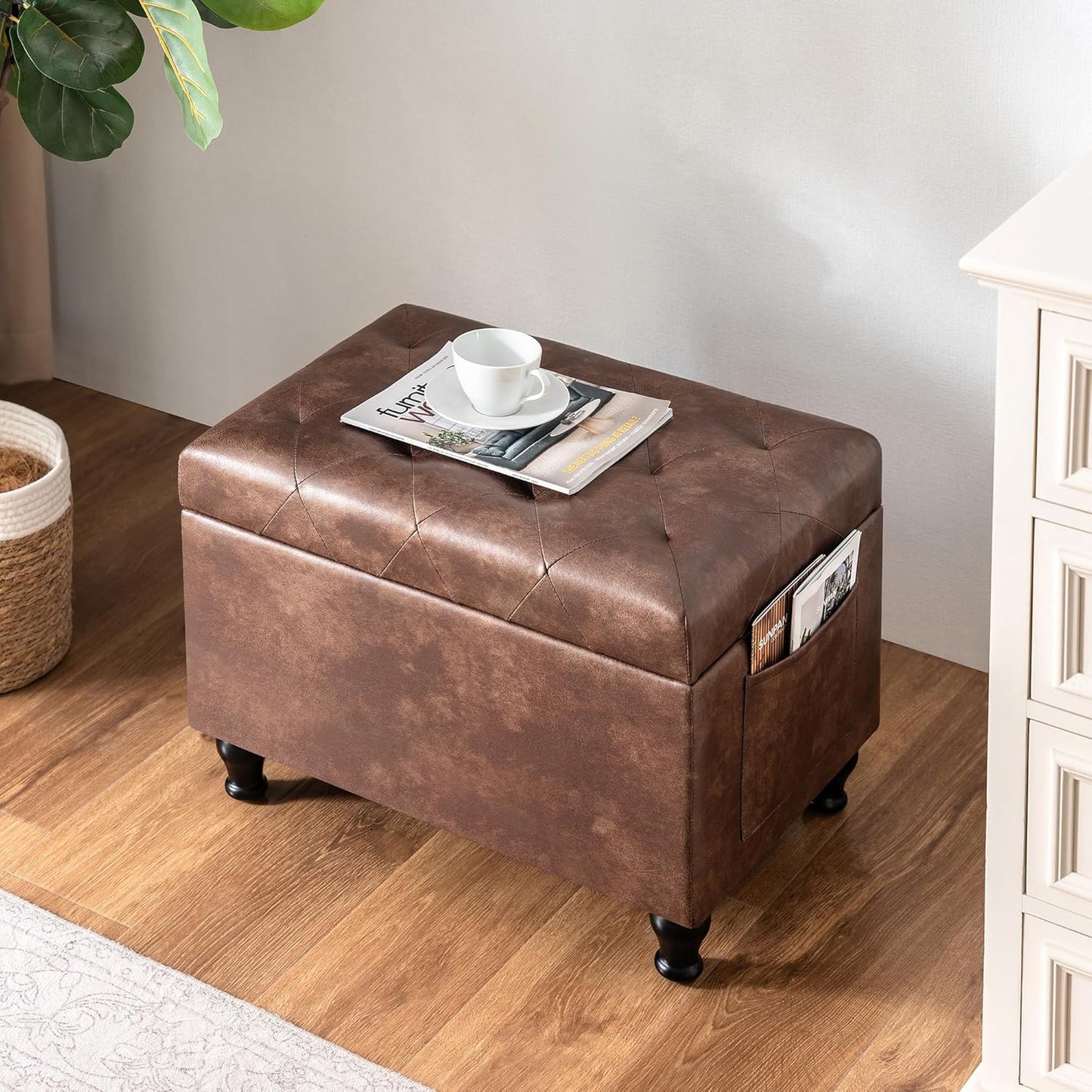 Leather Storage Ottoman Bench Rectangle 24 Inch Foot Rest Ottomans Stool for Living Room Bedroom(Brown)