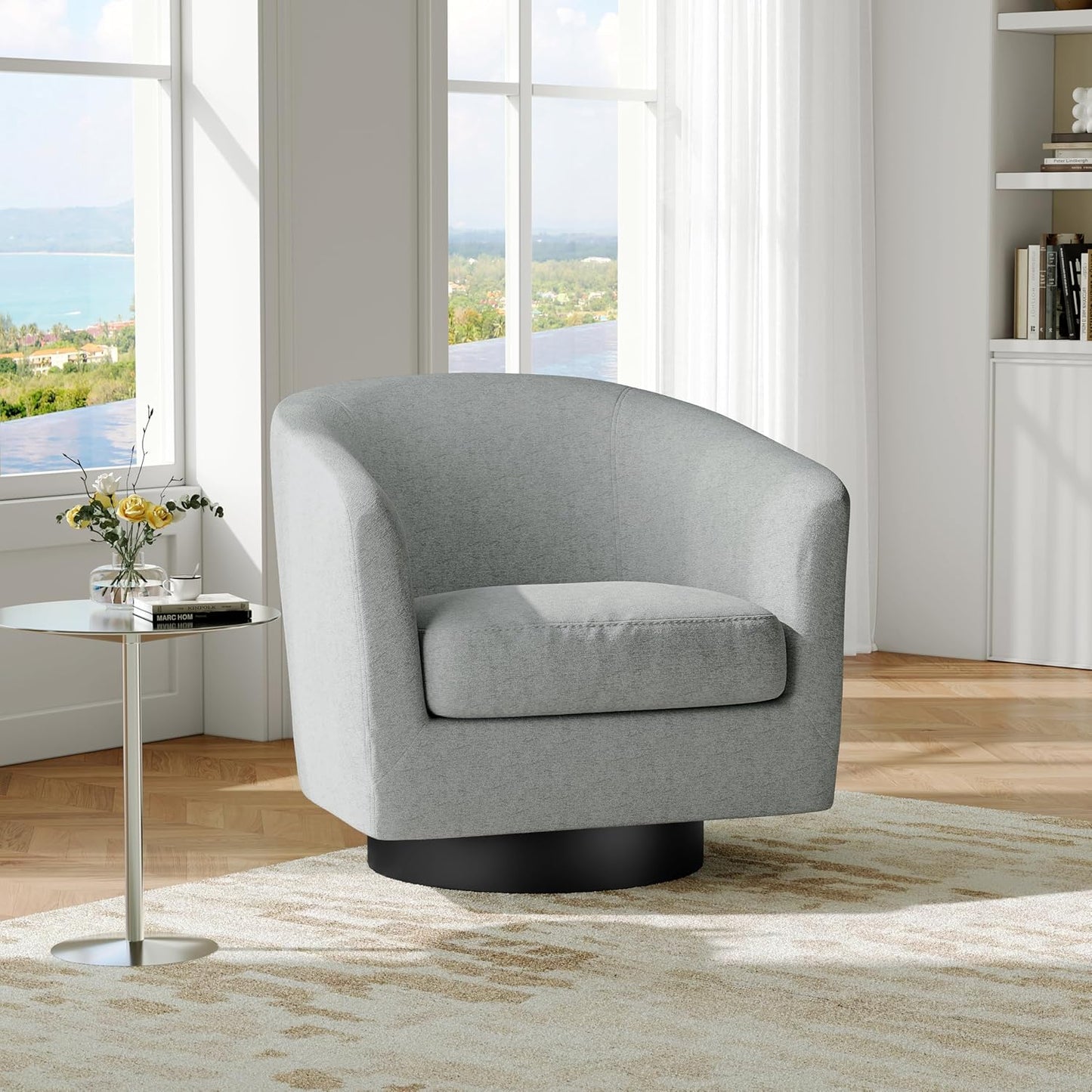 Swivel Barrel Accent Chair, Modern Round Chenille Fabric Arm Chair for Living Room, Bedroom, Comfy Club Reading Chairs for Adults(Chenille Fabric, Light Grey, Set of 1