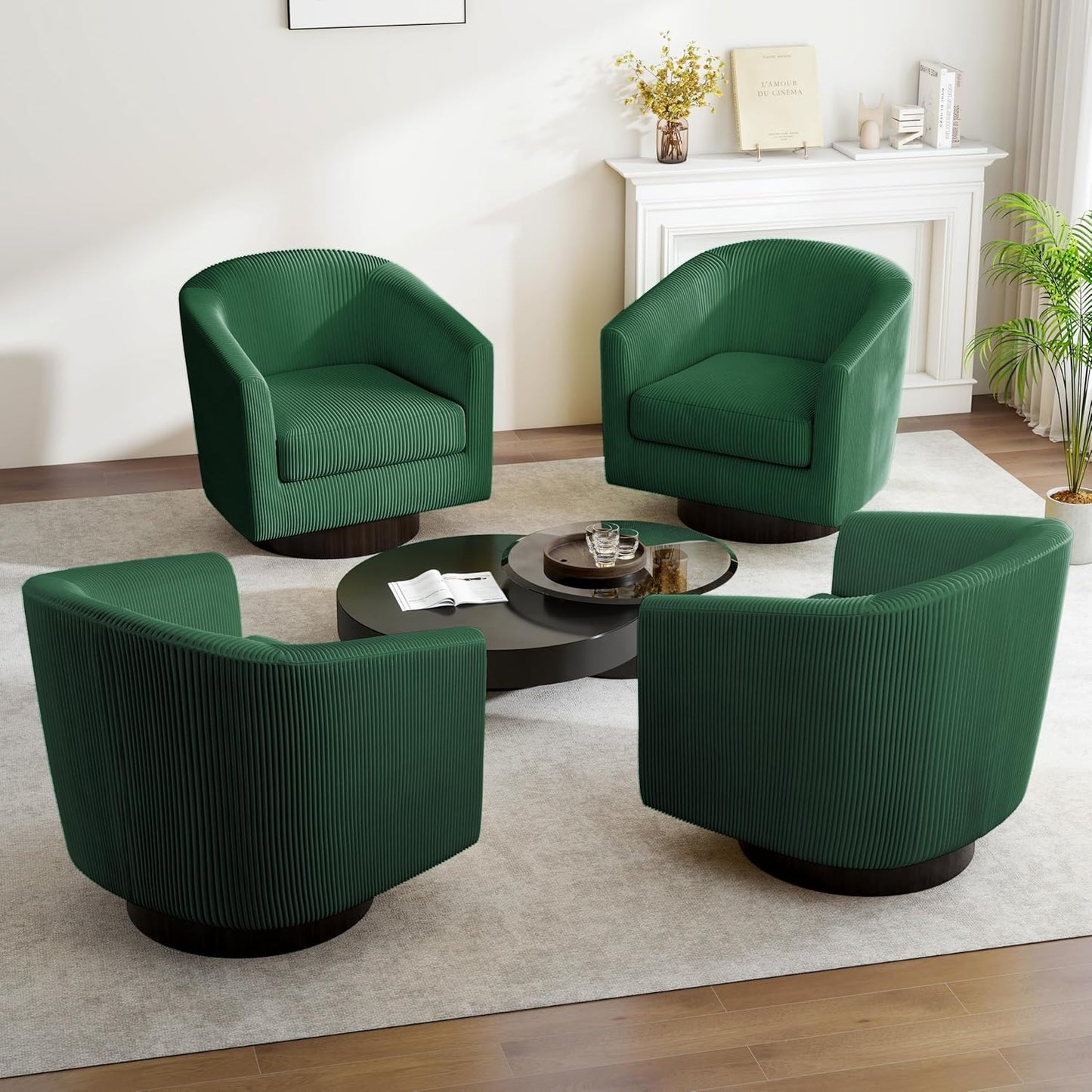 Swivel Barrel Accent Chair, Modern Round Corduroy Fabric Arm Chair for Living Room, Bedroom, Comfy Club Reading Chairs for Adults (Corduroy Dark Green, Set of 2)