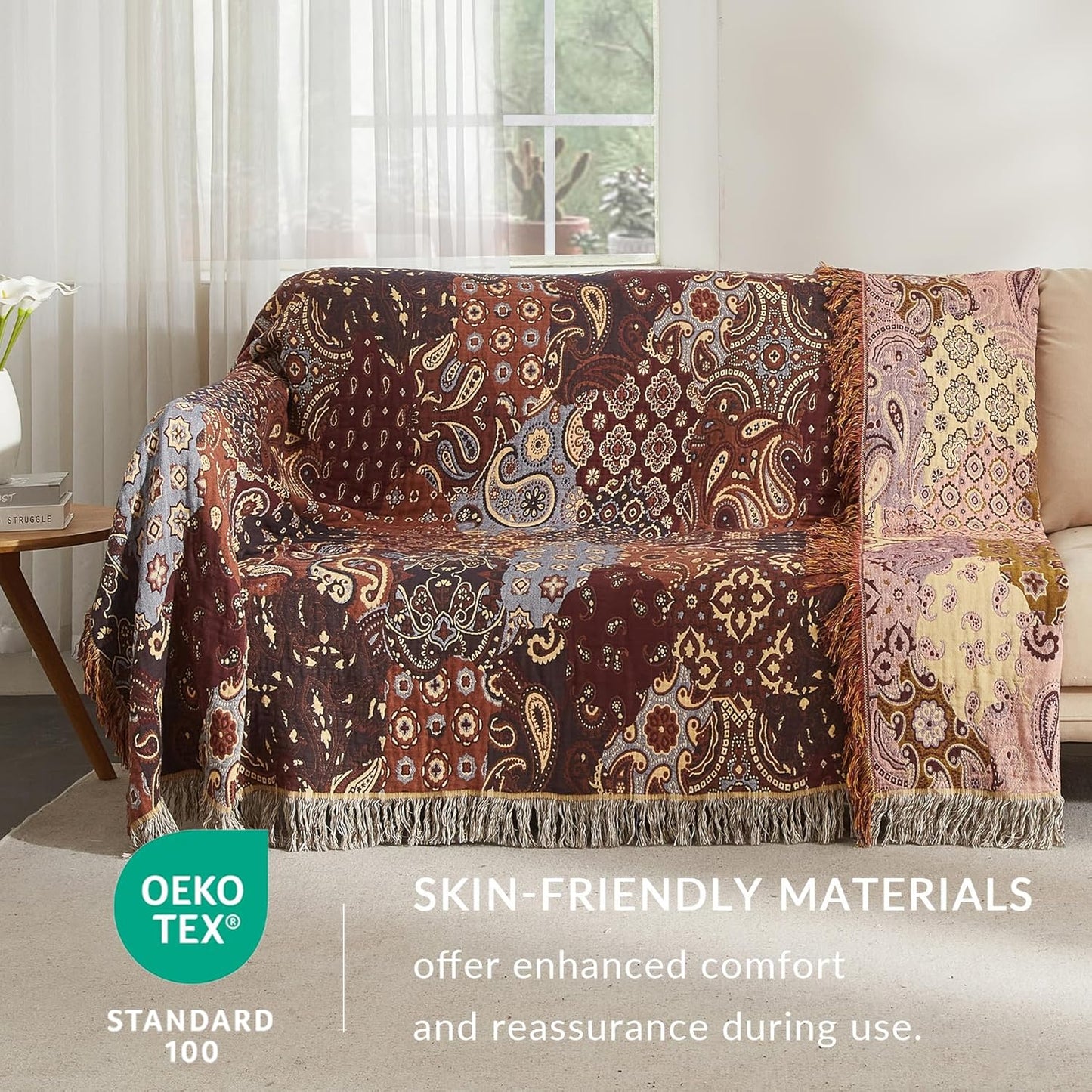 Boho Throw Blanket for Couch Sofa Bed, 100% Cotton Woven Quilt with Tassel 80”x90”, Super Soft Muslin Blanket with Patchwork Printed, Decorative Reversible Bed Blanket/Cover for All Seasons