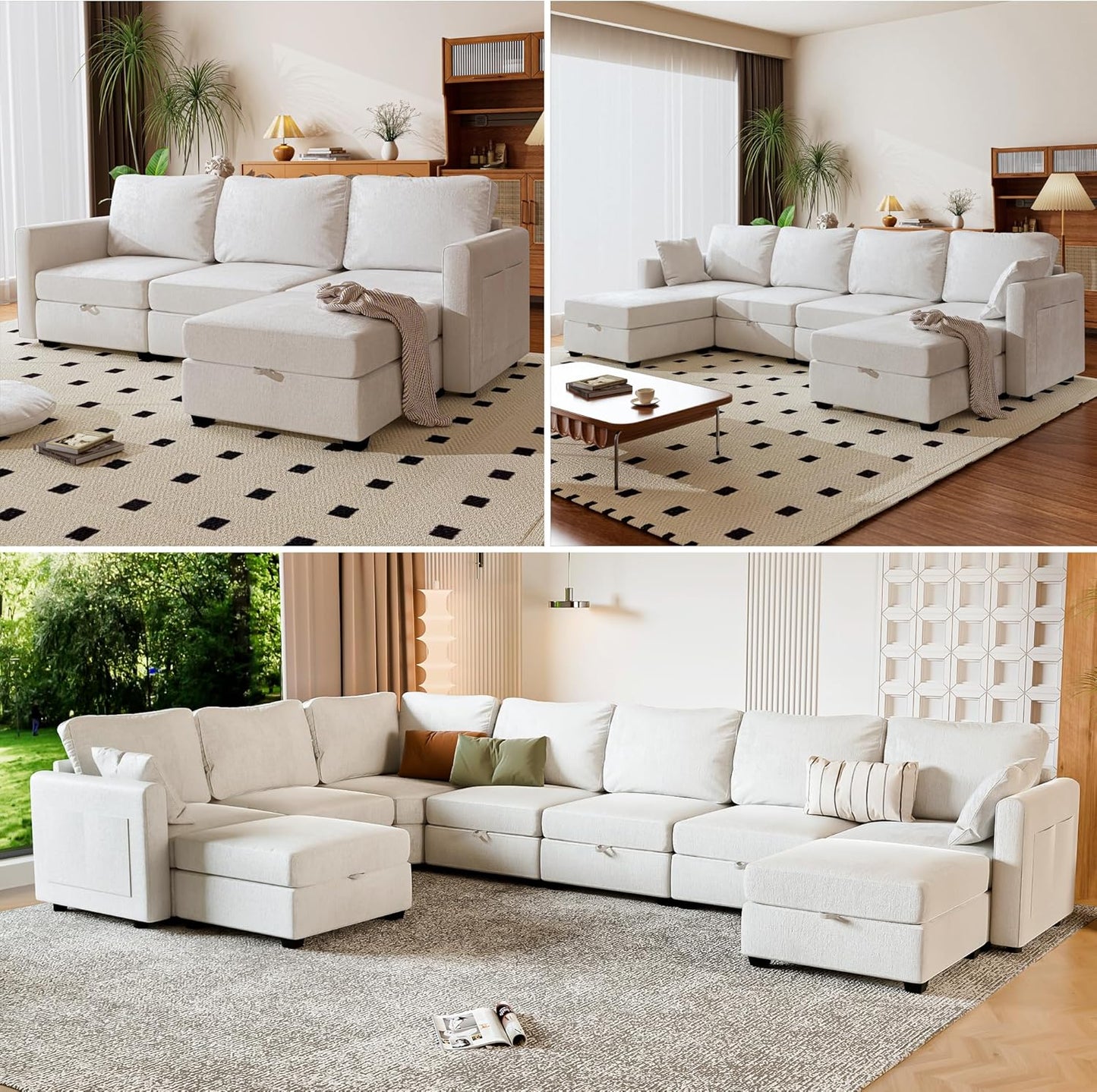 mestyl Modular Sectional Sofa Convertible L Shaped Sofa Couch Set with Storage for Living Room, Modern 3 Seater Modular Sectional Couch with Movable Ottoman (Beige)