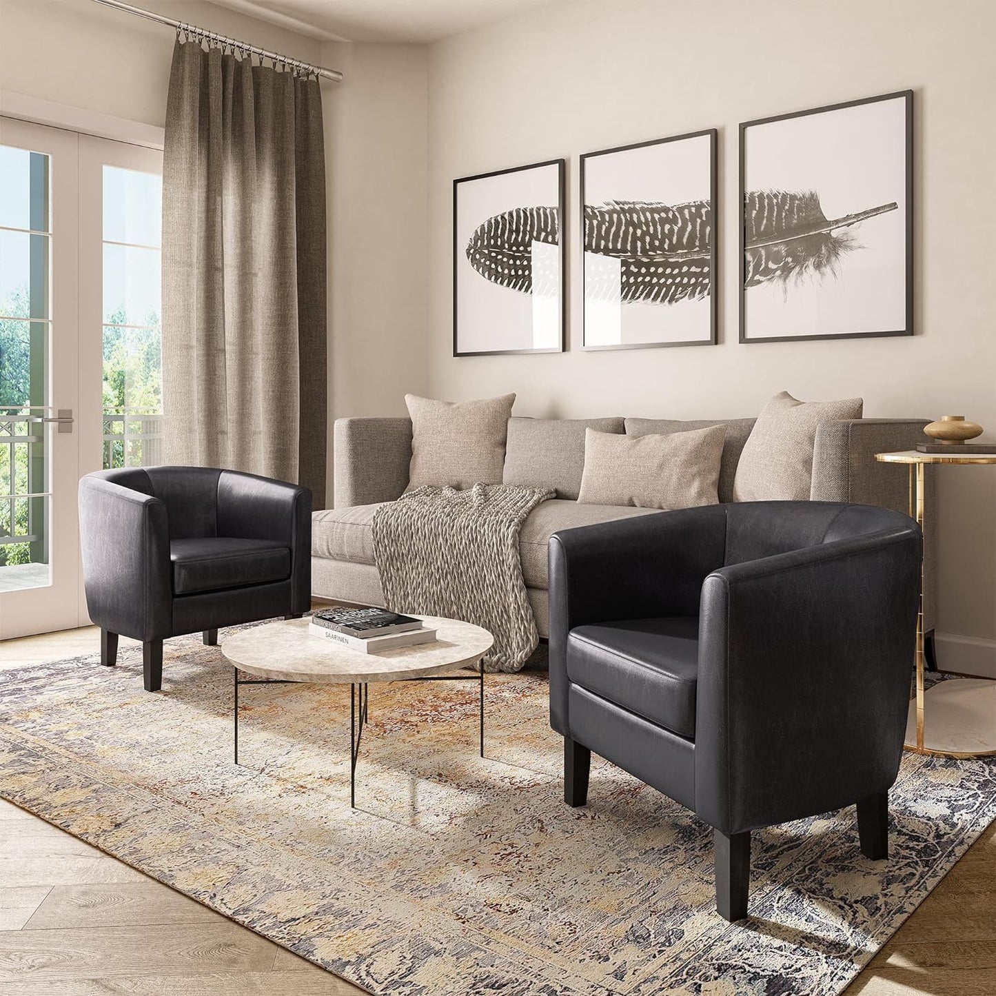 BELLEZE Accent Barrel Chair, Linen Round Chair Club Tub Sofa Corner Chair with Flared Legs and Cozy Soft Padding for Living Room Bedroom Waiting Room - Brown