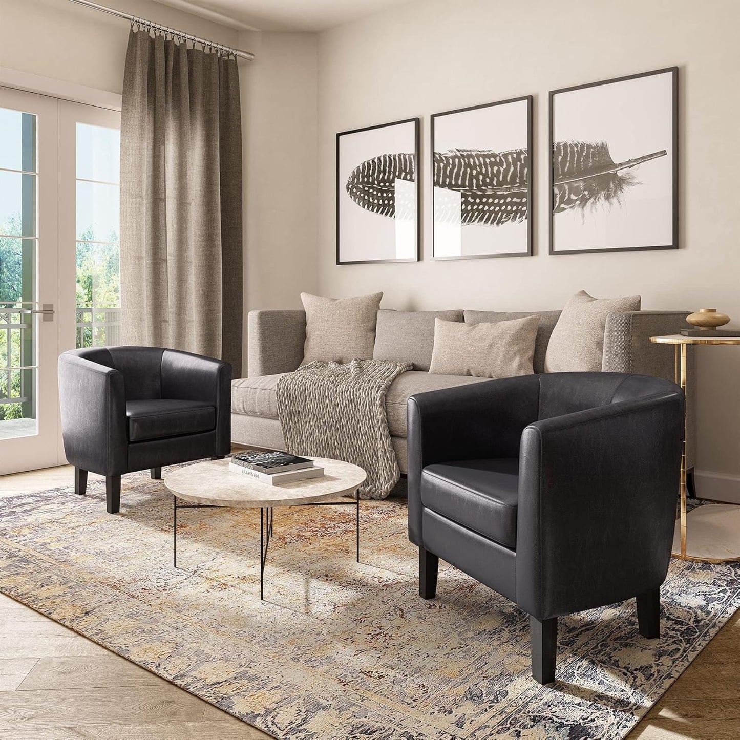 BELLEZE Accent Barrel Chair Set of 2, Linen Round Chair Club Tub Sofa Corner Chair with Flared Legs and Cozy Soft Padding for Living Room Bedroom Waiting Room - Brown