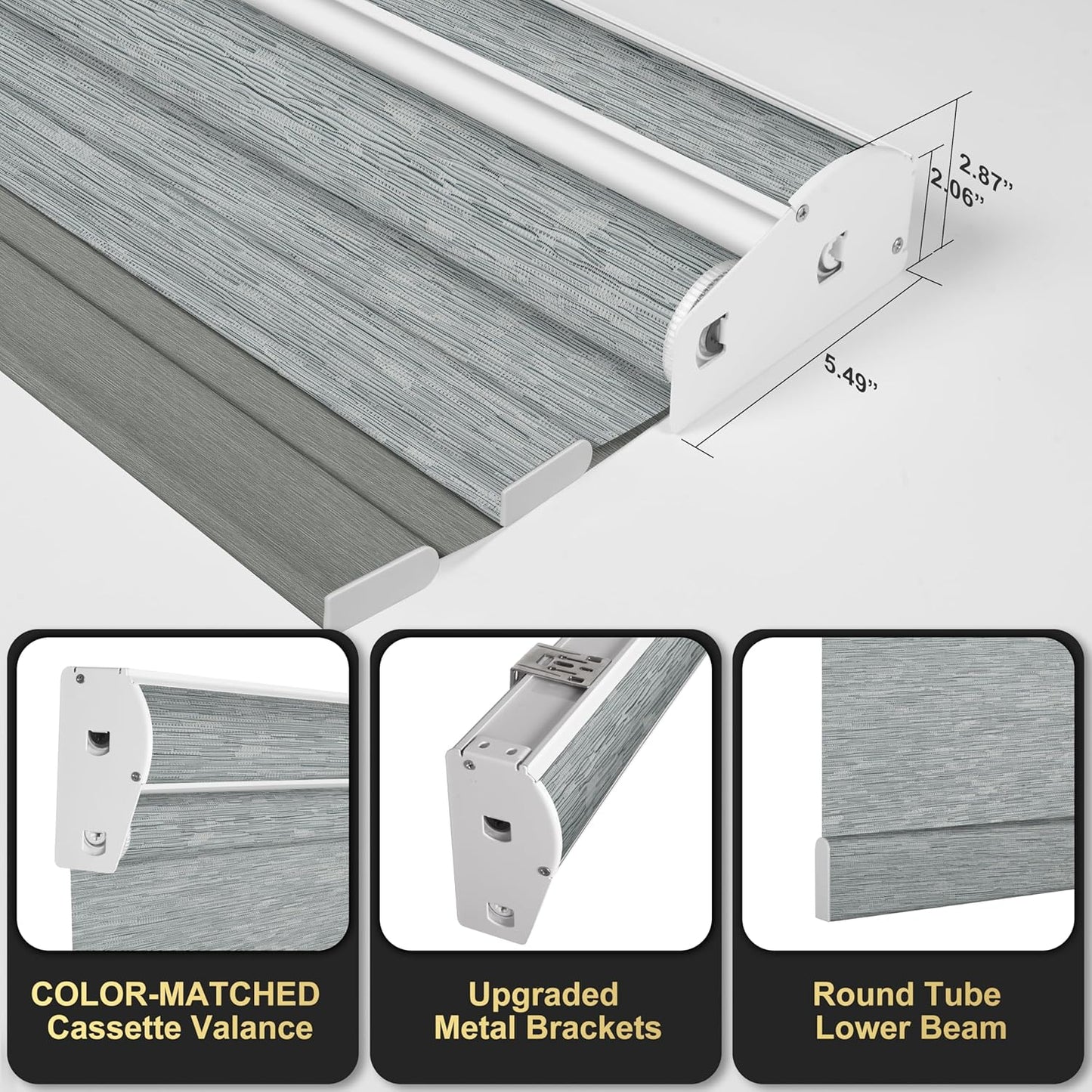 BERISSA Dual Roller Shades with Cassette Valance, Double Window Shades - Blackout and Light Filtering, Day and Night for Home Office Doors. Striped Jacquard Grey. 42 W x 44" H