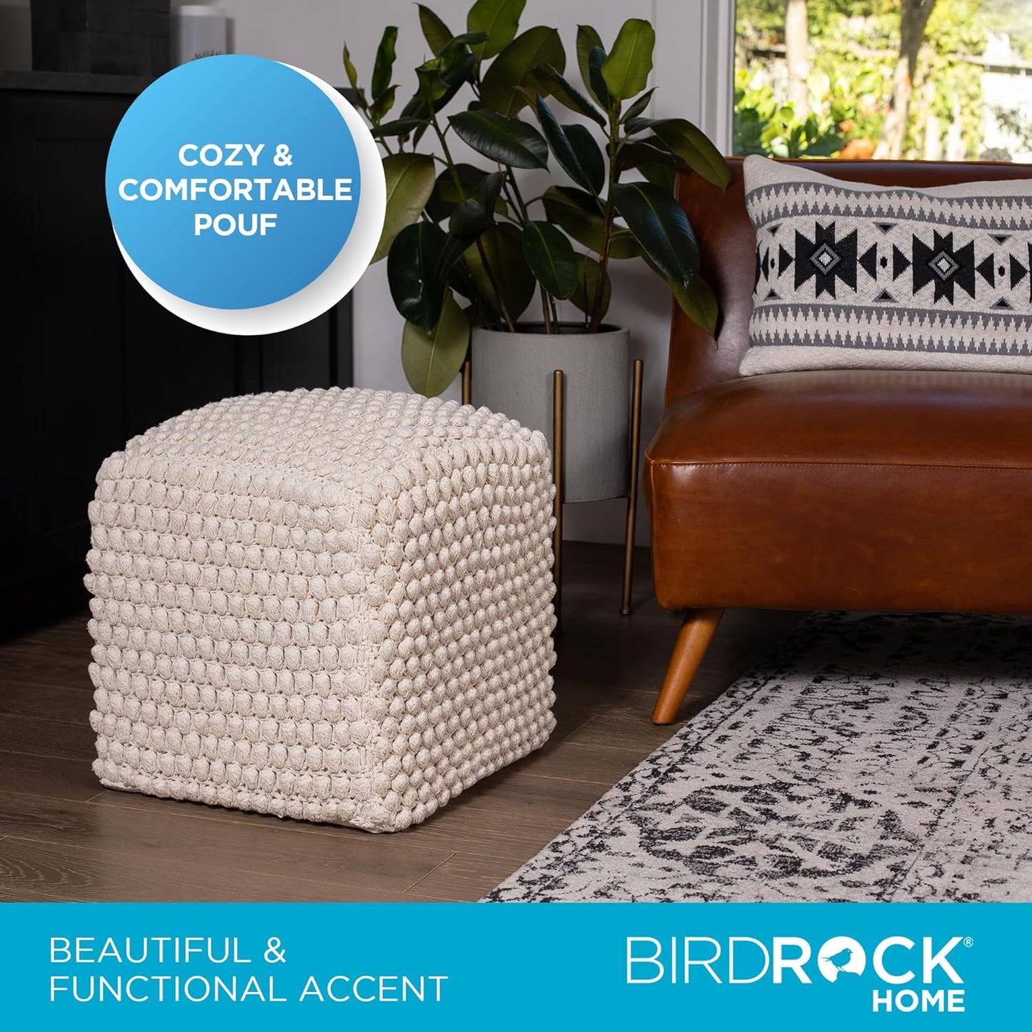 BIRDROCK HOME Bud Pouf Foot Stool Ottoman - Knit Bean Bag Floor Chair - Cotton Braided Cord - Great for The Living Room, Bedroom and Kids Room - Small Furniture