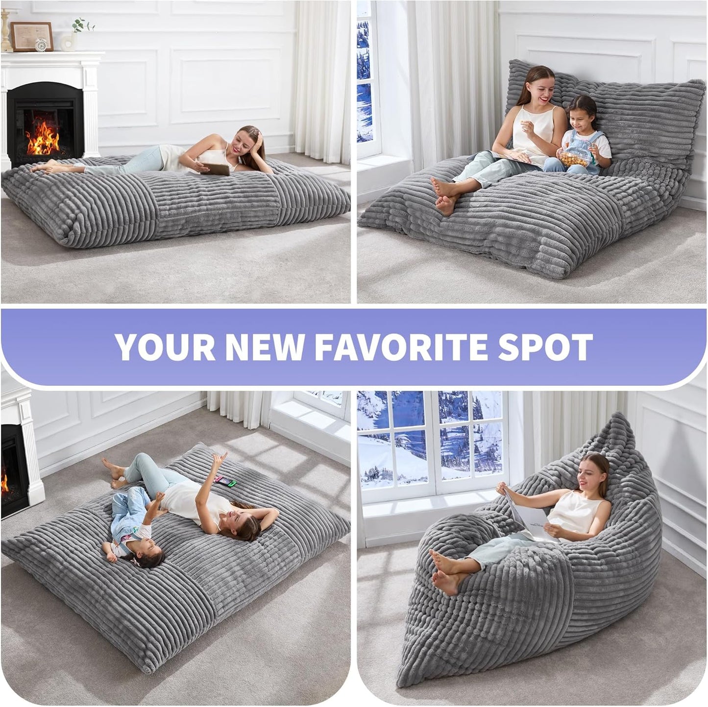 Hobestluk 3 in 1 Bean Bag Chair Giant Bean Bag Chairs Convertible Bean Bag Floor Cushion with Machine Washable Cover, Beanbag Chairs for Adult (Grey)