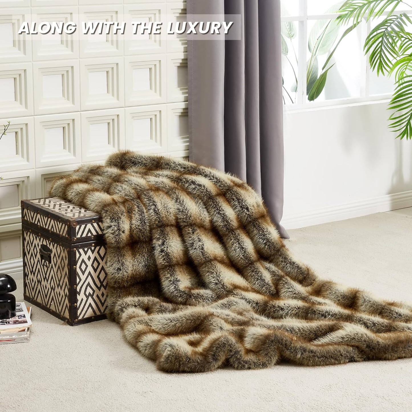 DREAMNINE Premium Luxury Fuzzy Animal Skin Faux Fur Throw Blanket 50" x 60", Double Sided Thick Shaggy Lion Fluffy Bear Lap Blankets, Soft Decorative Cozy Wolf Warm Winter Fox Furry Blanket,Gold Brown
