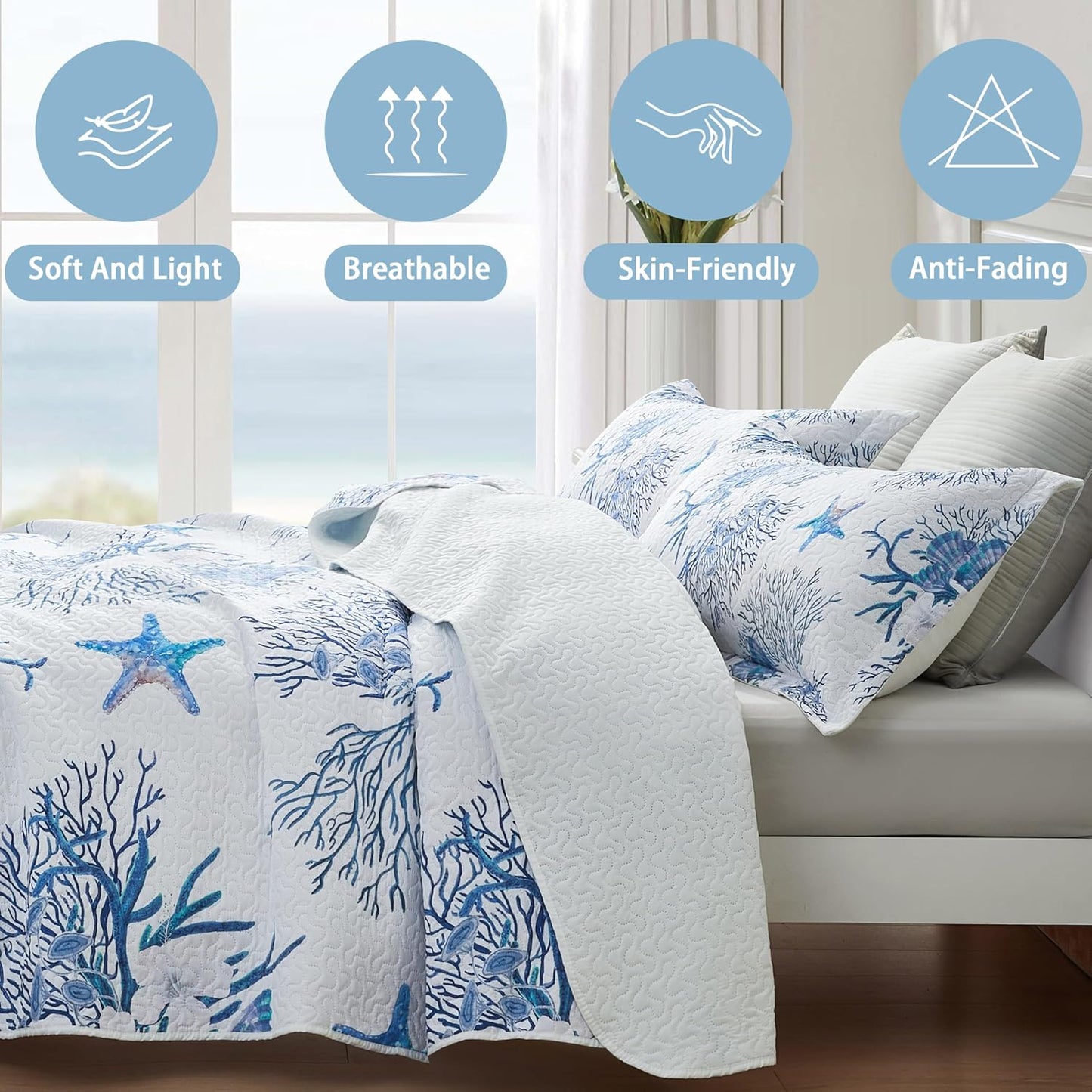 Coastal Bedding King Size Coastal Quilt with Sham, Nautical Beach Comforter Sets Ocean Bedspreads Blue Starfish Coverlet Summer Bedding, 68''x86''
