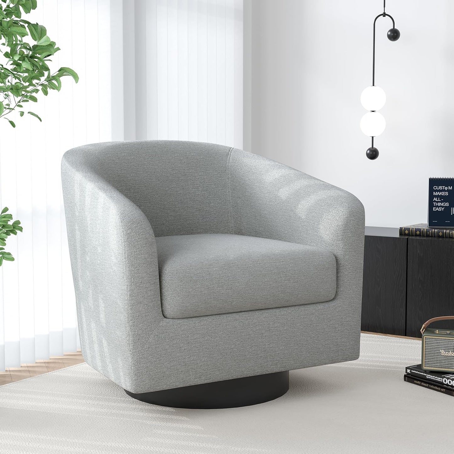 Swivel Barrel Accent Chair, Modern Round Chenille Fabric Arm Chair for Living Room, Bedroom, Comfy Club Reading Chairs for Adults(Chenille Fabric, Light Grey, Set of 4