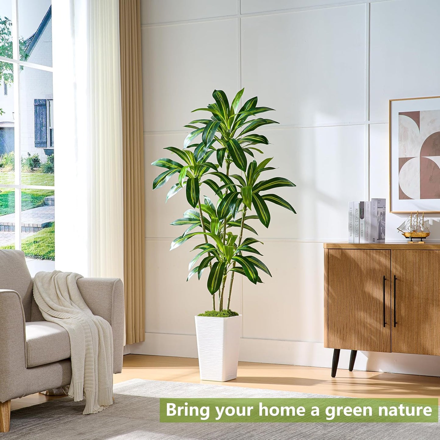 Artificial Dracaena Tree Artificial Silk Tree Faux Tree Fake Tropical Yucca Floor Plant with White Tall Planter (1, White Tall Planter, 6FT)