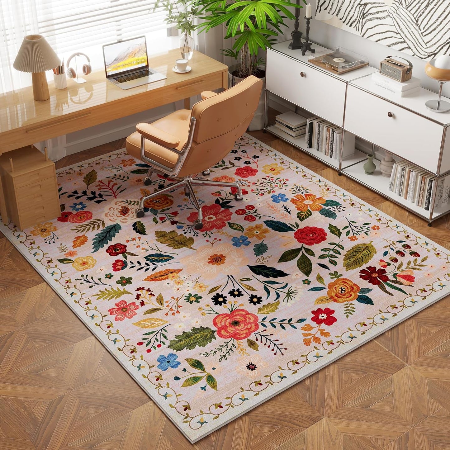 Area Rug 4x6 Rug Washable Boho Rugs Non Slip Low Pile Floral Small Carpet for Bedroom, Bedside, Kids Room, Office, Dining Room(Beige)