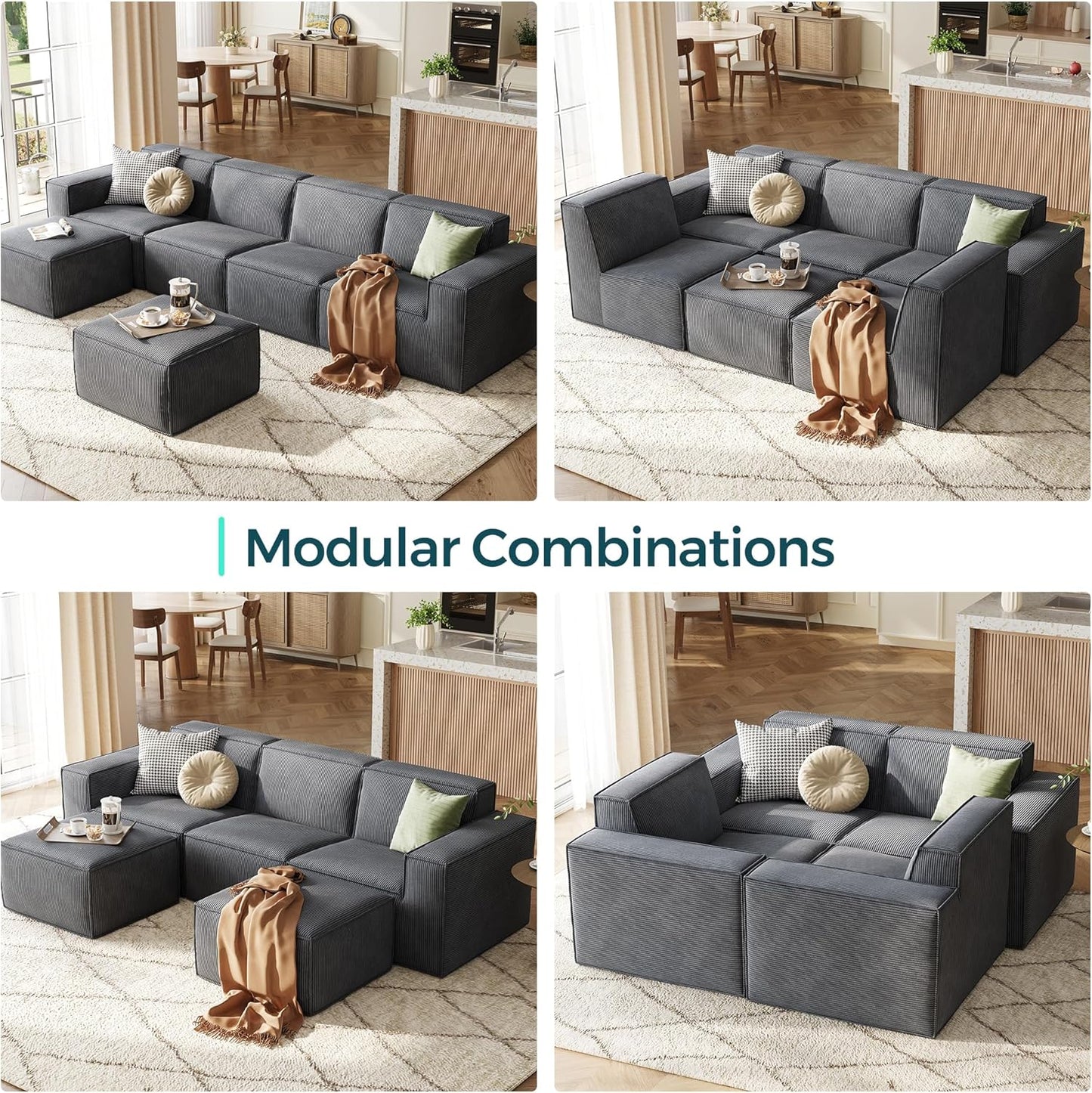 LINSY HOME Oversized Modular Sectional Sofa, 105" Cloud Couch L Shaped 3-Seat Sofa with Ottoman, Corduroy Deep Seat Modular Couches for Living Room, No Assembly Required, Bluish Grey