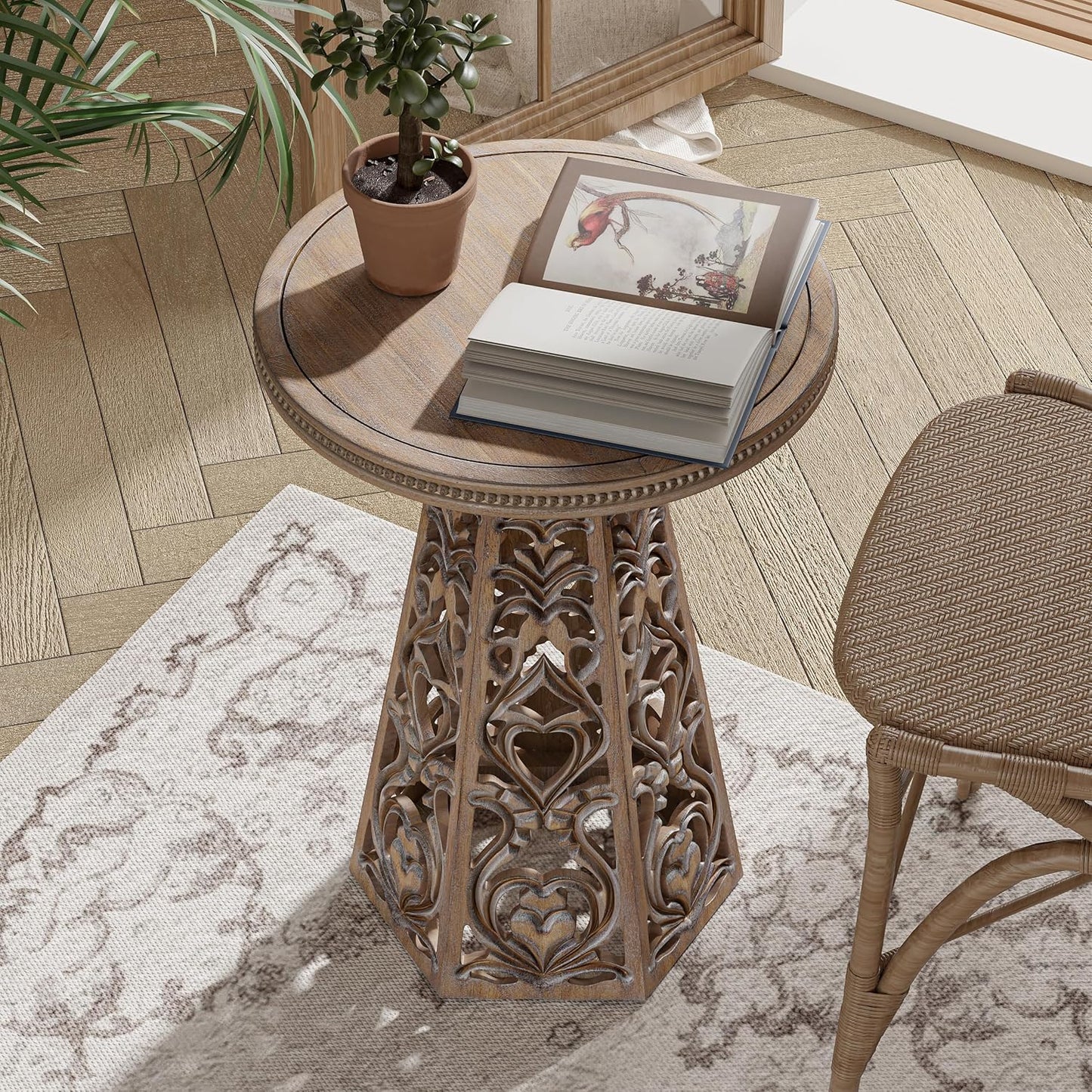 Rustic Farmhouse Wooden End Table, Distressed Round Accent Table with Intricate Carved Floral Patterns, Boho, for Living Room, Bedroom, or Entryway, Distressed Wood Color