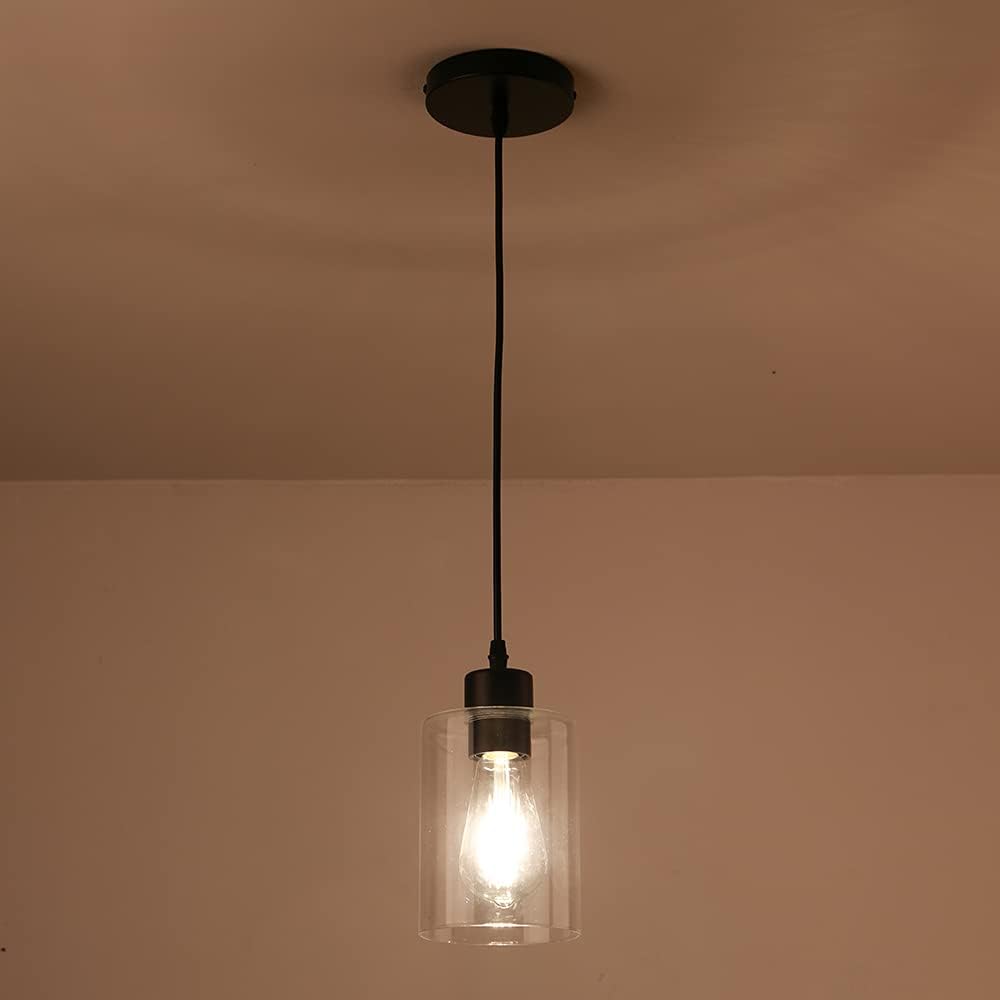 Modern Black Farmhouse Clear Glass Cylinder Pendant Light Fixture,Mini Pendant Lighting for Kitchen Island Decor - 4.75 Inch Shade, 2-58 Inch Cord (Black 3 Pack)