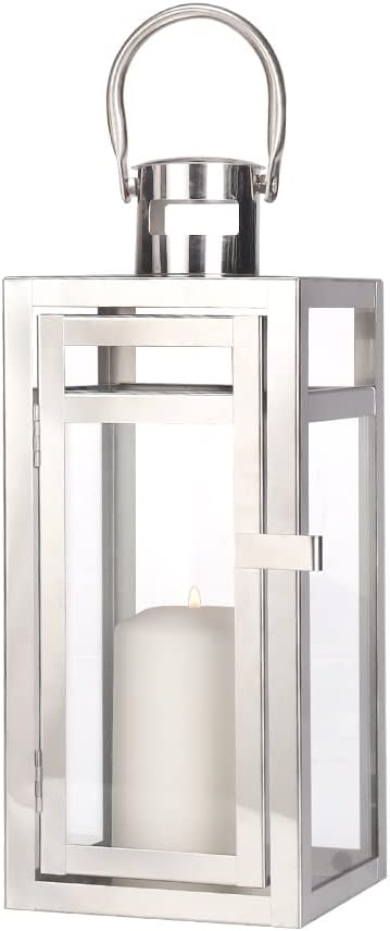 TRIROCKS Stainless Steel Decorative Lantern 12'' High Metal Hanging Lantern with Clear Glass Panels Perfect for Home Decor Living Room Parties Events Tabletop Indoors Outdoors (Silver)