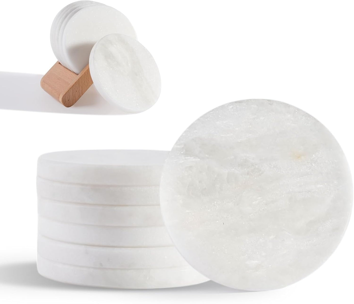 BCS Marble Coasters Set of 6 - Premium White Stone Coasters for Drinks with Holder - Cup Mats for Coffee, Tea, Beer, Wine - Elegant Table Decor for Home, Office, Dining