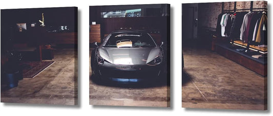 Canvas Wall Art Print Sports Car In the Interior Wall Art for Teen Boys Bedroom Gray Supercar Speed Car Wall Decor Art Paintings Modern Giclee Artwork for Office Home Decor Ready to Hang, 36"Wx16"H