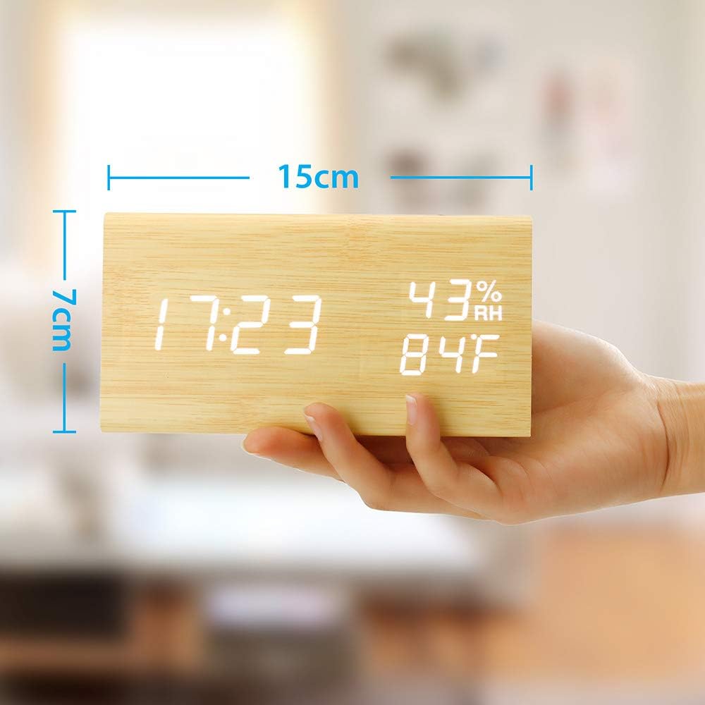 OCT17 Wooden Alarm Clock, Wood Alarm Clock Smart LED Digital Clock for Bedroom/desks, Upgraded with Time Temperature, Adjustable Brightness and Voice Control, Humidity Displaying - Bamboo