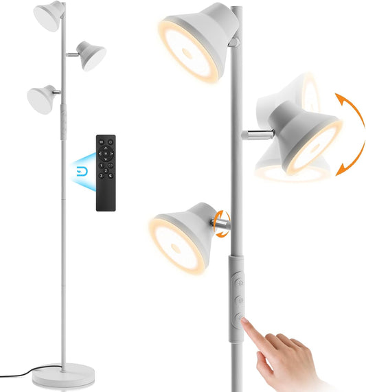 LED Tree Floor Lamp Silver, 36W Super Bright Standing Lamp with Remote Control, 4 Color Temperatures, 3 Rotatable LED Lights, Dimmable Floor Lamps for Living Room, Bedroom, Office