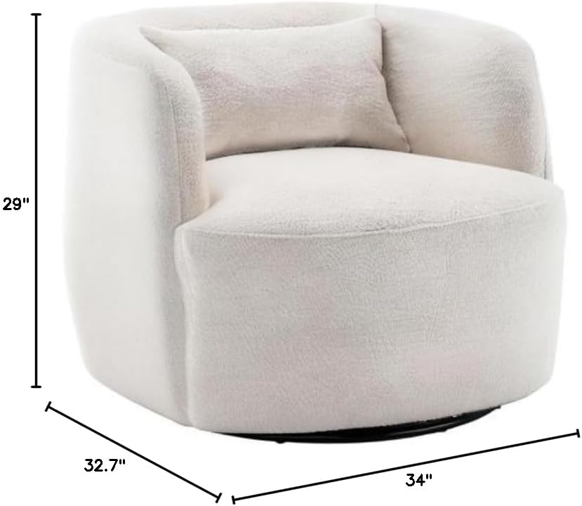 KINWELL 34" Wide Boucle Swivel Barrel Chair, No Assembly Round Upholstered Armchair Accent Chair Single Sofa Chair with Toss Pillow for Living Room and Bedroom, Beige