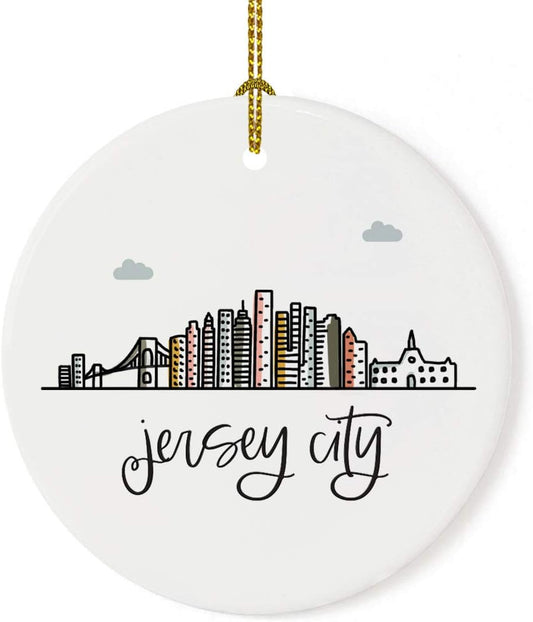 Andaz Press Round Ceramic Porcelain Christmas Tree Ornament Keepsake Gift, Jersey City, Colorful City Skyline Graphic, 1-Pack, Birthday Ideas Family Coworker Him Her, Includes Gift Box