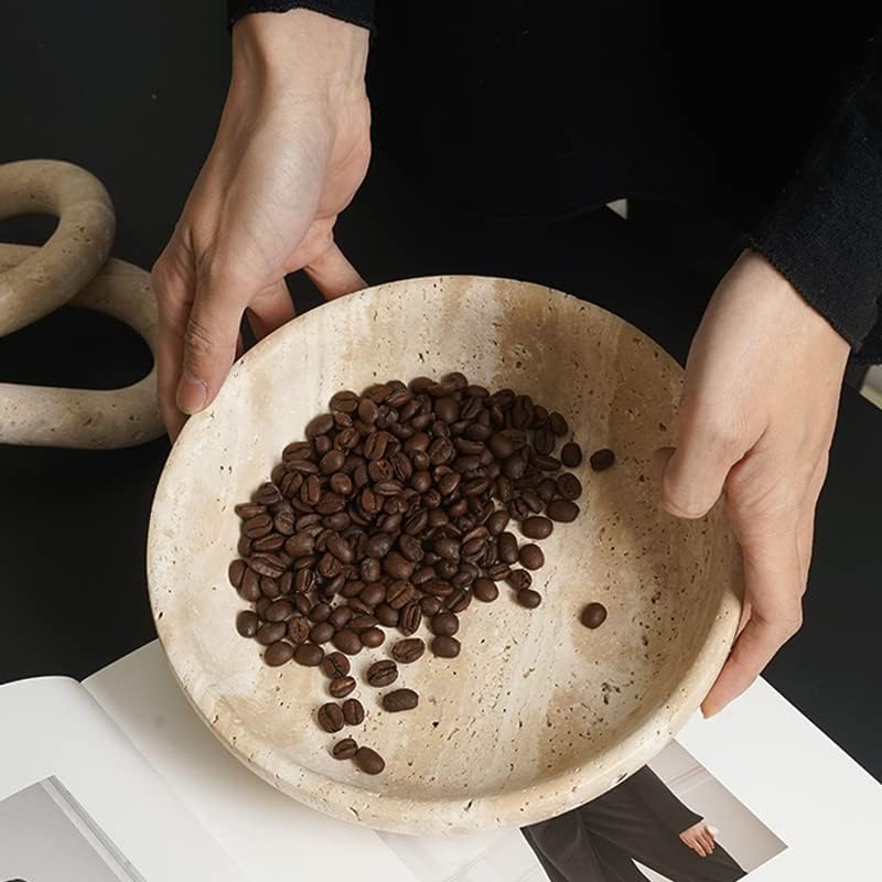 Large Marble Round Bowl HandCrafted Decorative Dish Fruit Bowl for Home Decorative (Beige Travertine)