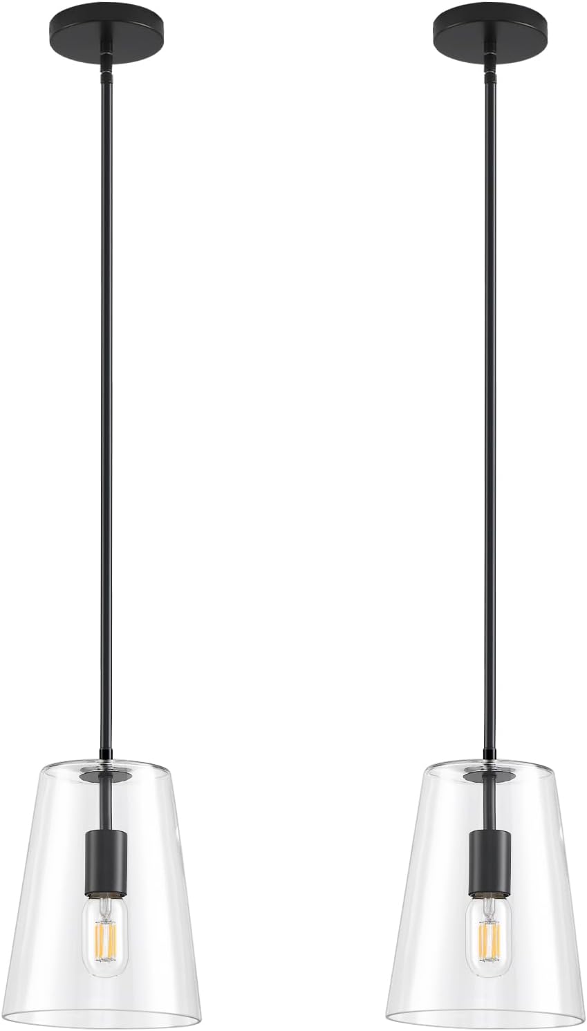 Black Big Pendant Lights Kitchen Island - Clear Glass Pendant Light Fixture Multiple Stems Rods 3 Units 12 Inch 3 Units 4 Inch (2 Pack Black Downrod Pendant with 7.5in W 9.5in H Shade)