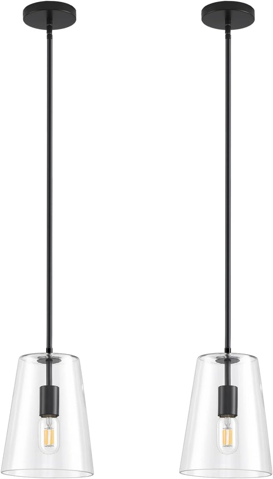 Black Big Pendant Lights Kitchen Island - Clear Glass Pendant Light Fixture Multiple Stems Rods 3 Units 12 Inch 3 Units 4 Inch (2 Pack Black Downrod Pendant with 7.5in W 9.5in H Shade)