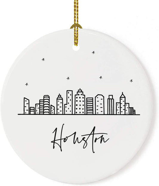 Andaz Press Round Ceramic Porcelain Christmas Tree Ornament Keepsake, Houston Black and White Stars City Skyline Graphic, 1-Pack, Birthday Gift Idea for Family, Coworker, Him, Her, Includes Gift Box