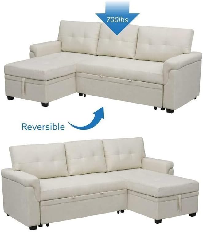 Naomi Home Transform Any Space: Sleeper Sectional Sofa with Convertible Sofa Bed & Inviting Chaise. Find Tranquil Comfort with Stress-Relieving Design & Durable Cushions - Cream/Velvet