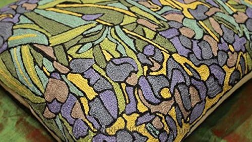 Van Gogh Irises Pillow Cover Green Floral Pillowcase Needlepoint Flower Chair Cushion Accent Botanical Flowery Outdoor Cushions Plant Hand Embroidered Wool Size 18x18