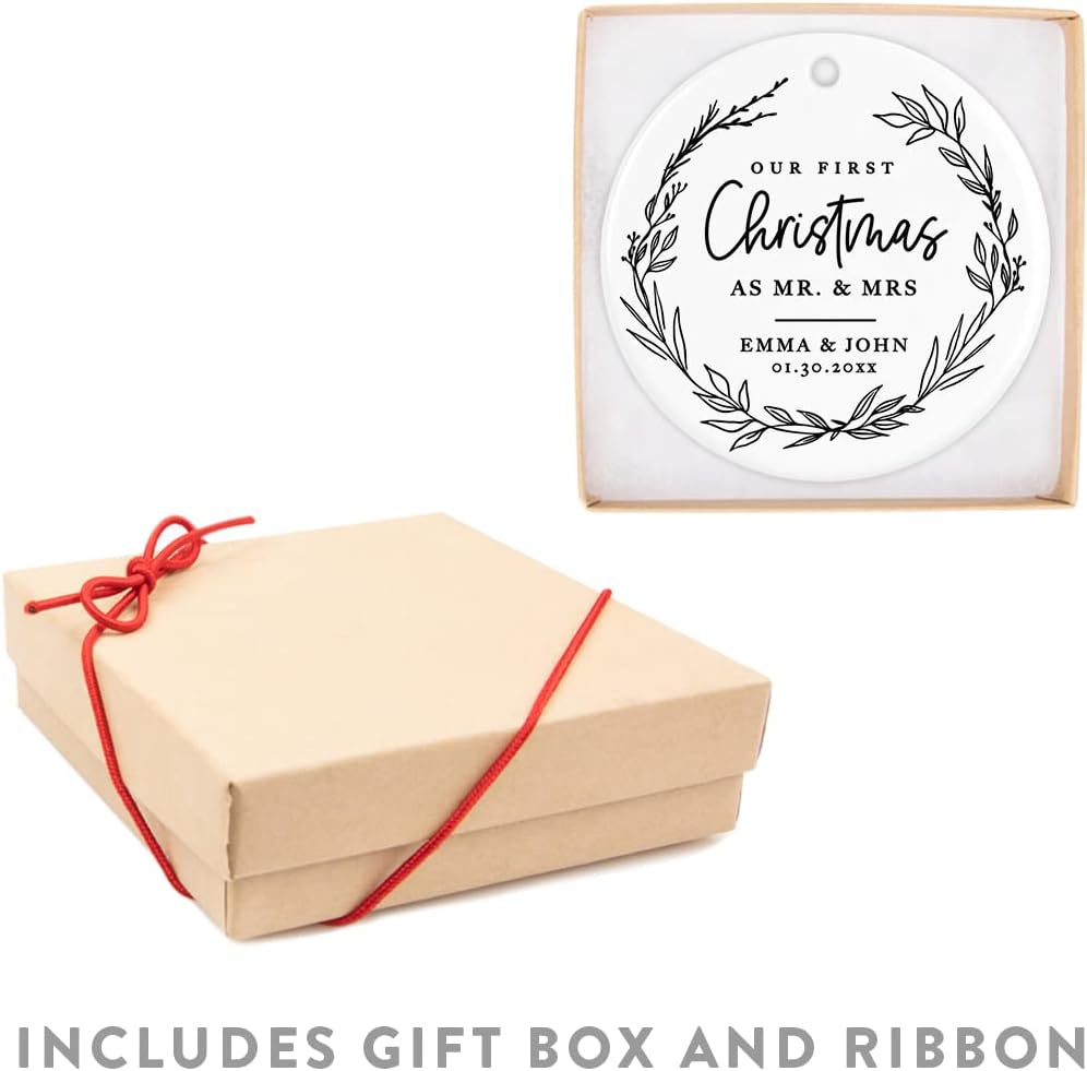 Andaz Press Personalized Our First Christmas As Mr. & Mrs. 2024 Christmas Ornaments Modern Farmhouse Wreath 2.8" Round Porcelain Ceramic 1st Year Married Custom Ornament Keepsake for Newlyweds 1-Pack