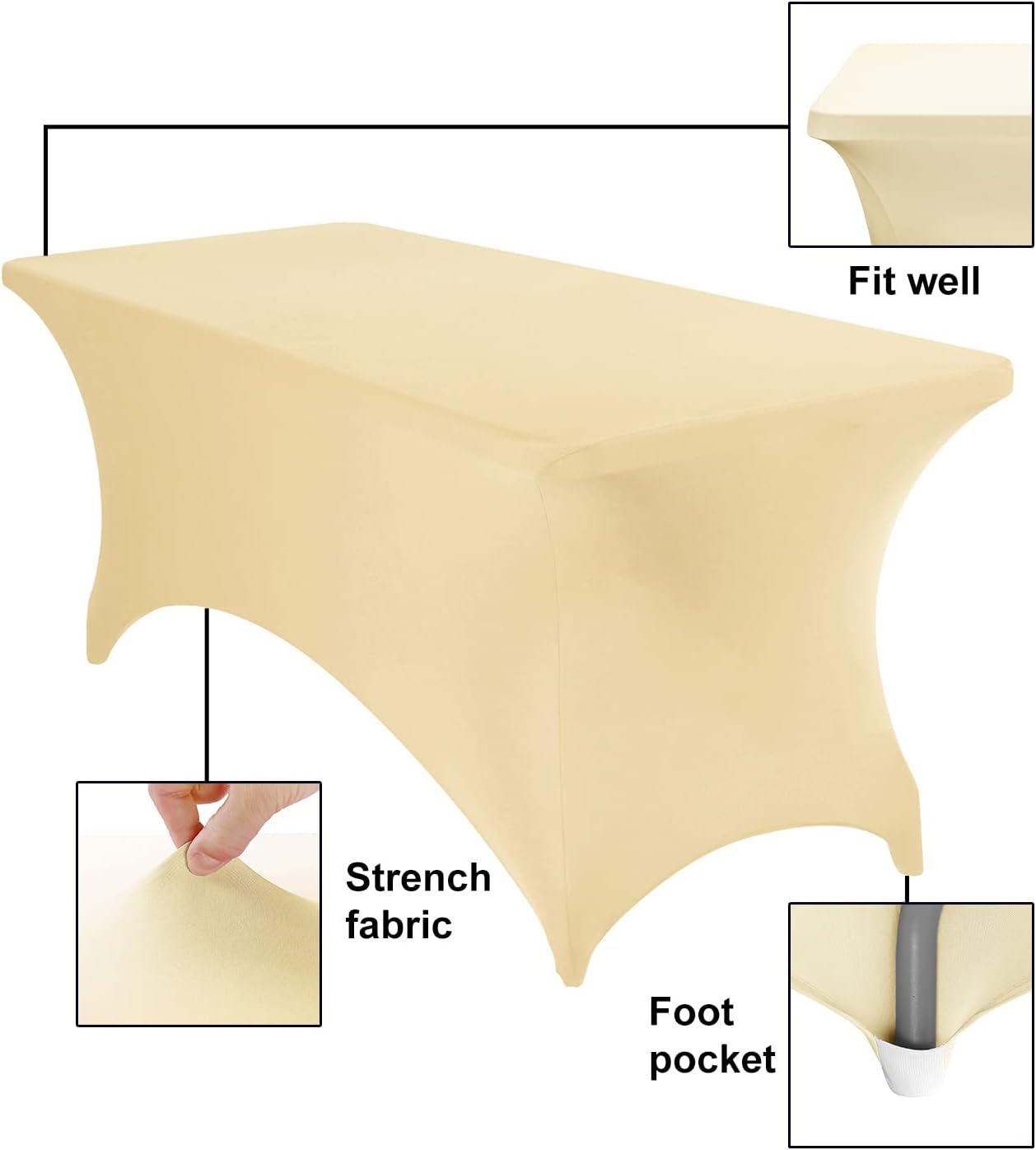 2Pack Spandex Waterproof Table Covers 6ft，Spandex 6ft Waterproof Table Cover for Party,Wedding, Banquet, and Events(Champagne)