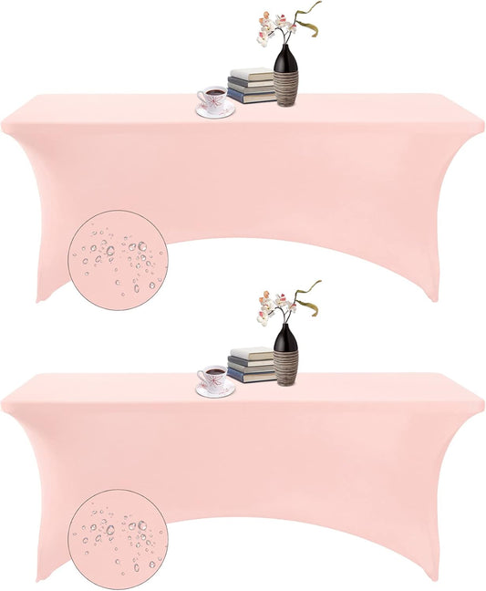 2Pack Spandex Waterproof Table Covers 6ft，Spandex 6ft Waterproof Table Cover for Party,Wedding, Banquet, and Events(Blush Pink)