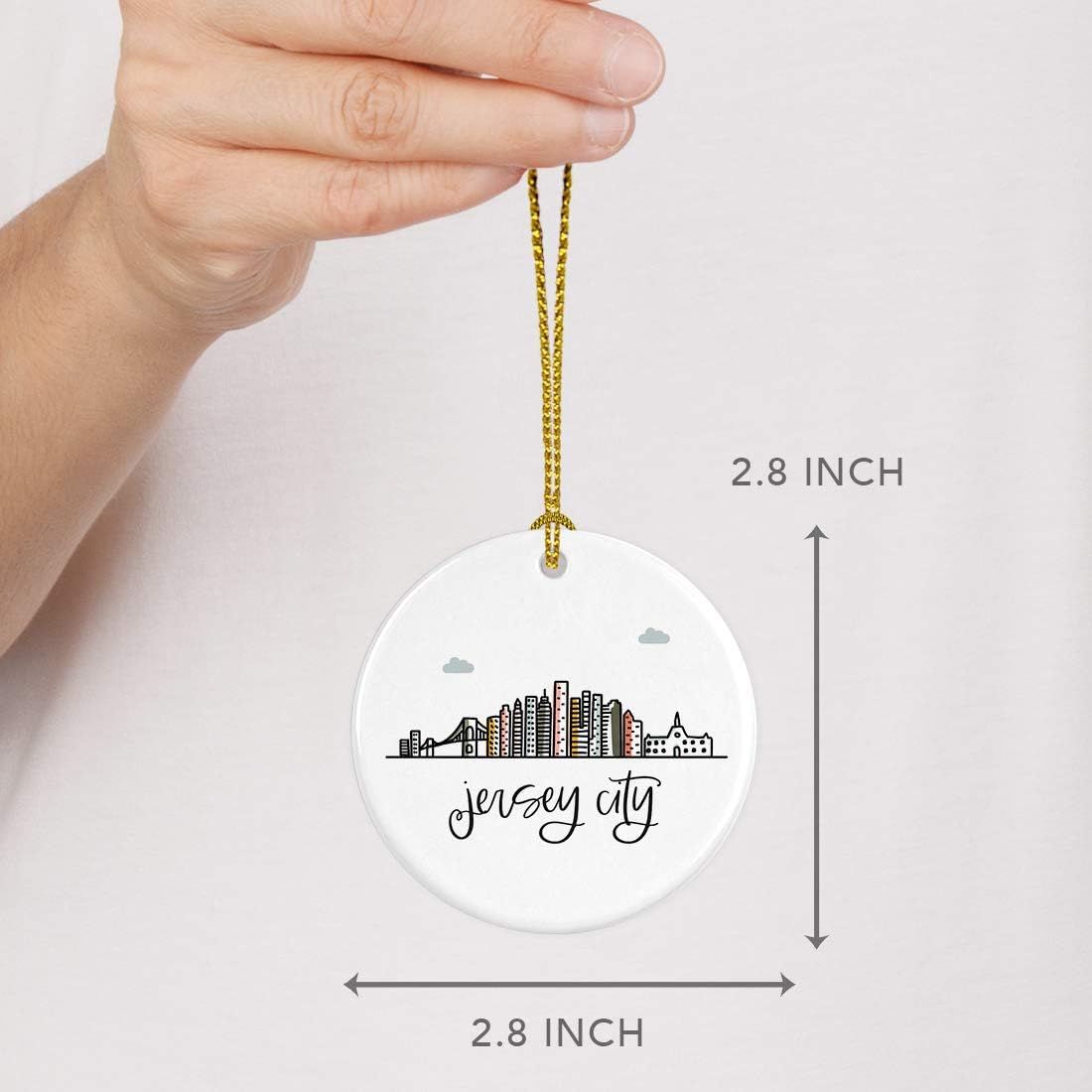 Andaz Press Round Ceramic Porcelain Christmas Tree Ornament Keepsake Gift, Jersey City, Colorful City Skyline Graphic, 1-Pack, Birthday Ideas Family Coworker Him Her, Includes Gift Box