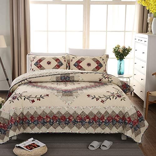 Beige Floral Embroidered Quilt Set King Size 100% Cotton Ethnic Patchwork Bedspread Coverlet Country Rustic Embroidery Reversible Geometric Bedding Cover Set Soft Cotton Comforter Cover,3pcs