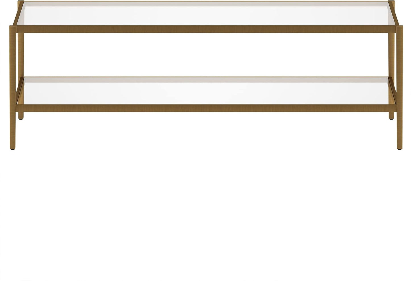 Henn&Hart 54" Wide Rectangular Coffee Table with Glass Shelf in Antique Brass, Modern coffee tables for living room, studio apartment essentials