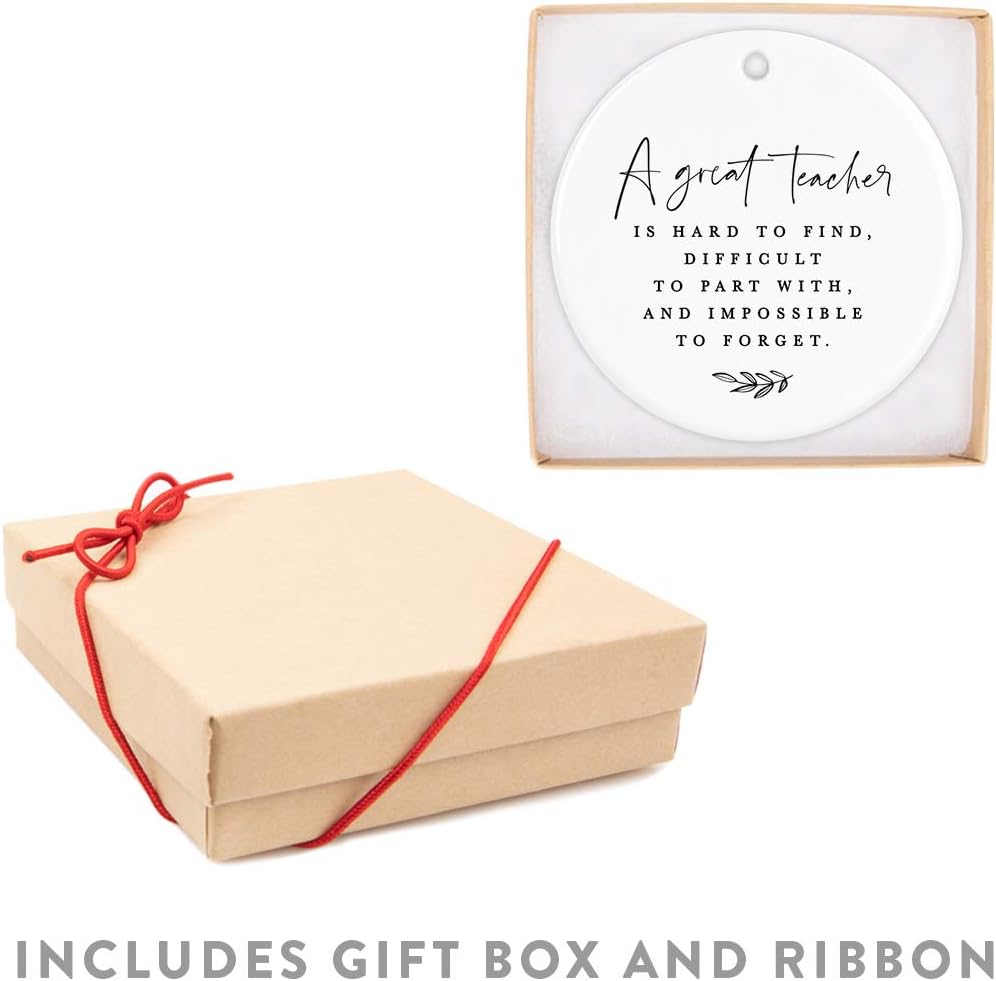 Andaz Press Round Ceramic Porcelain Christmas Tree Ornament for Teacher Thank You Appreciation Graduation Gift, A Great Teacher is Hard to Find, Difficult to Part with and Impossible to Forget 1-Pack