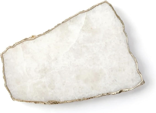 Generic White Quartz Agate Cheese Board Platter Tray Gold Plated Edges Agate Slab for Table Centrepiece Geode Stone Gifts For House Warming, Engagement, Wedding, Christmas