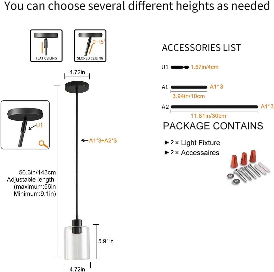 Black Pendant Lights Kitchen Island,Modern Farmhouse Glass Pendant Light,Light Fixture Kitchen Pendant Mini Hanging Light Fixture for Sink (Black 2 Pack Stem Rod)