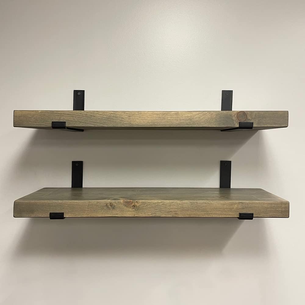 Rustic Shelves with J-Brackets Set of 2, Industrial Shelf, Kitchen Shelves, Solid Wood, Decorative Wall Storage, Heavy Duty, URBANDI (Grey, 36Wx6D)