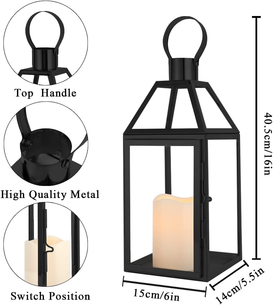 JHY DESIGN Black Decorative Lanterns 16“H Decorative Candle Lantern with Tempered Glass for Indoor Outdoor Events Parities and Weddings