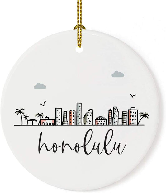 Andaz Press Round Ceramic Porcelain Christmas Tree Ornament Keepsake, Honolulu City Skyline Graphic, 1-Pack, Birthday Gift Idea for Family, Coworker, Him, Her, Includes Gift Box