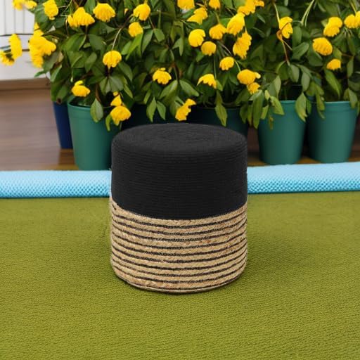 REDEARTH · Cylindrical Pouf Ottoman - Braided Pouffe Accent Sitting Round Footrest for Living Room, Bedroom, Nursery, kidsroom, Patio, Gym; 70% Cotton 30% Jute, (14.5x14.5x16; Black Natural)