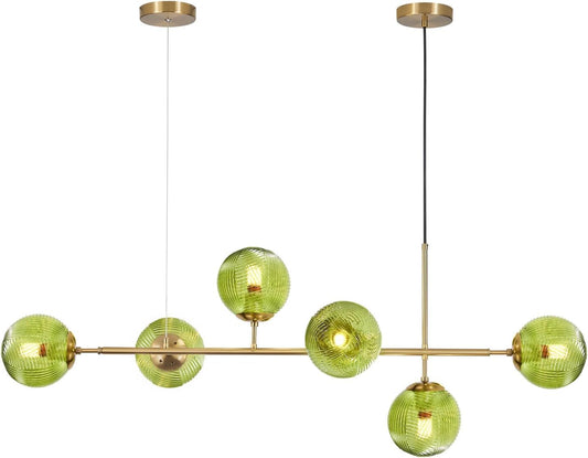 KCO Lighting 6 Green Glass Pendant Lights Kitchen Island Mid Century Modern Globe Sputnik Chandelier Brushed Gold Linear Island Light Fixture for Dining Room