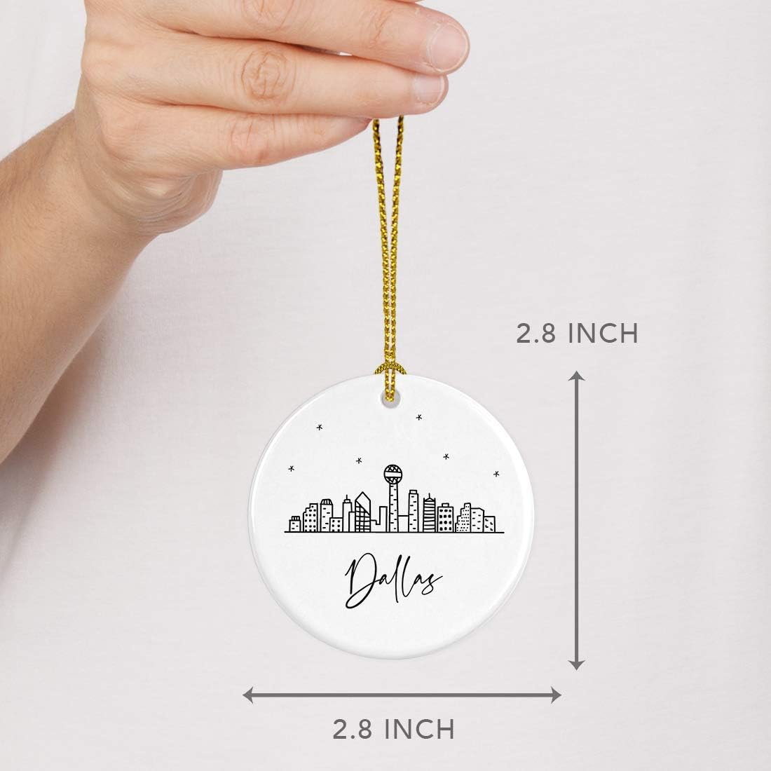 Andaz Press Round Ceramic Porcelain Christmas Tree Ornament Keepsake, Dallas Black and White Stars City Skyline Graphic, 1-Pack, Birthday Gift Ideas for Family Coworker, Includes Gift Box